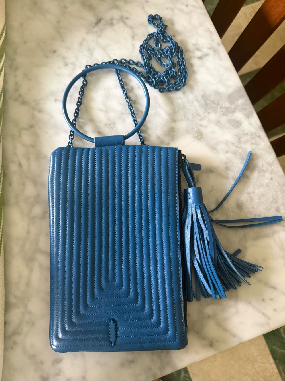Blue Quilted Crossbody Bag with Tassel